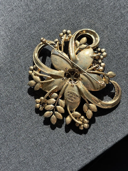 AVON Brooch Pin Ruby Red /Amber Rhinestones Gold 35 Year Anniversary 3” New