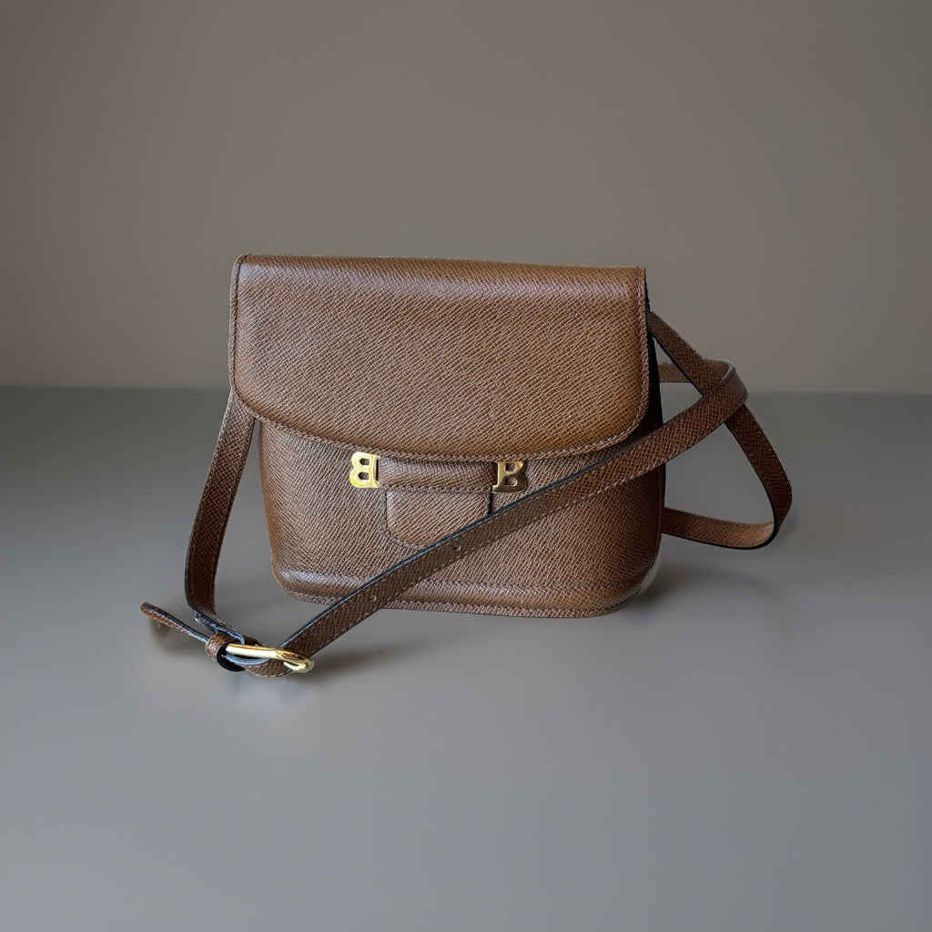 BALLY Brown Crossgrain Leather Shoulder Bag Gold Hardware Logo Purse (org $650)