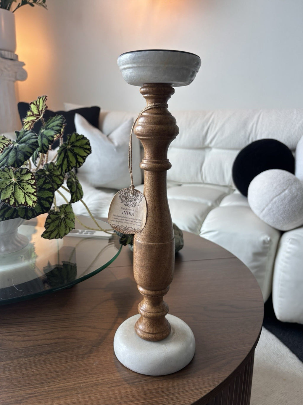 DECO 79 Mango Wood Candle Holder White Marble Base Turned Pillar 15” Candlestick