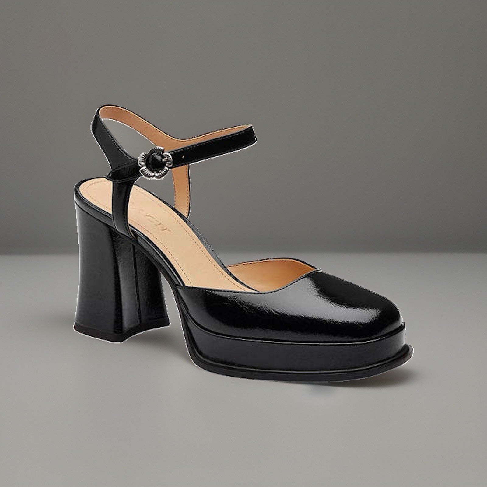 COACH Designer Tea Rose Black Glazed Leather Block Heel Pump Size 6 (org $195)