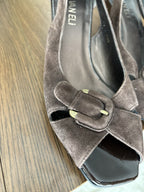 VANELI Brown Suede Leather Wedge Sandals Peep Toe Leather Heels Buckle Size 7.5M