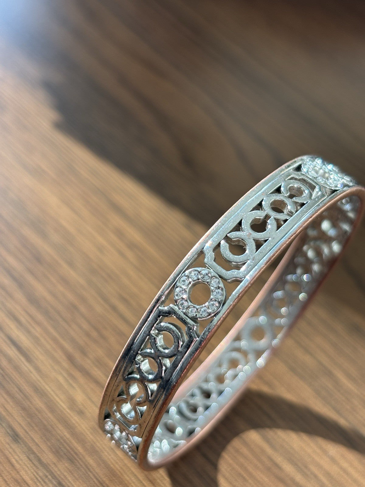 COACH 2004 Signature C Crystal Bangle Bracelet Silver Tone Openwork Rose Edge