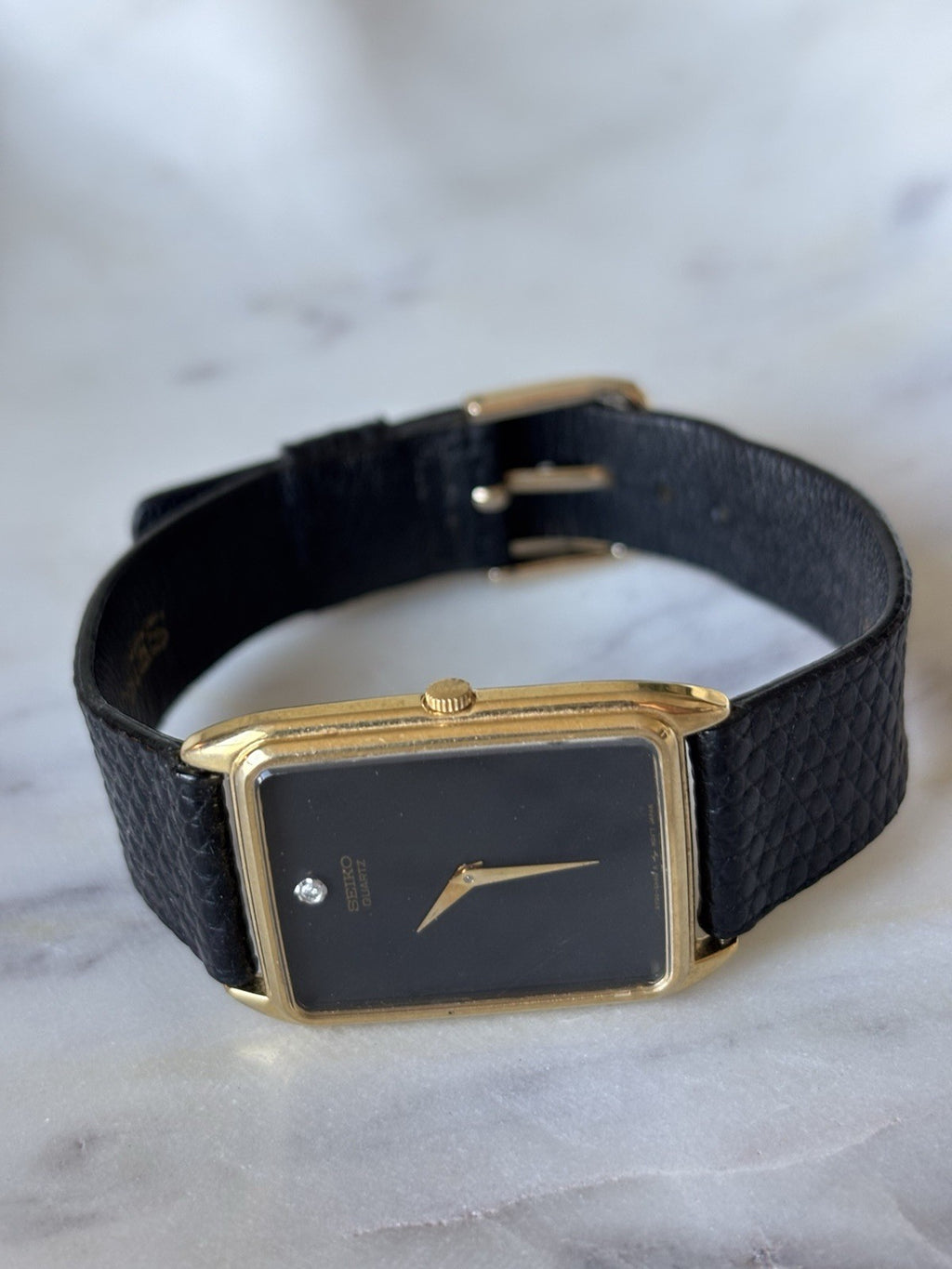 SEIKO Vintage Real Diamond Watch Black/Gold Mens 18mm Leather Snake Adjustable