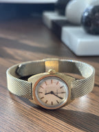 VINTAGE 1971 Timex Electric Ladies Wrist Watch Gold Tone Dial Deco Mesh Bracelet