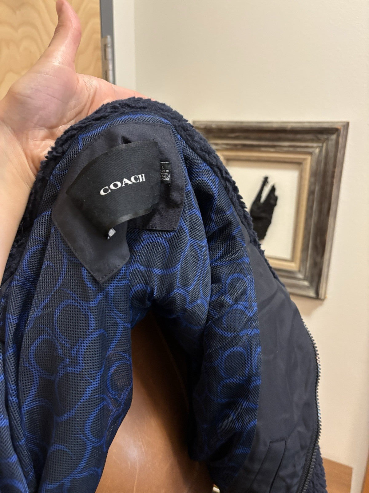 New COACH Runway Sherpa Fur Coat Jacket Zip Signature Print Blue Size L ($695)