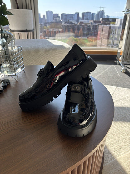 NEW Designer MEDUSA LOGO Black Patent Finish Dress Shoes Men Size 9.5 (org $685)