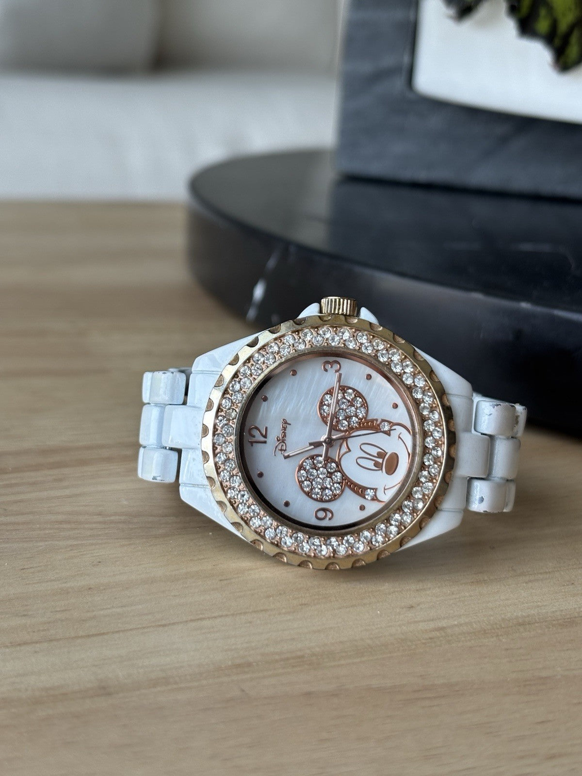 DISNEY Mickey Mouse Rose Gold Crystal White Link Watch Full Length Needs Battery