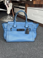 COACH Swagger 27 Pebble Leather Satchel Bag Electric Blue Top Handles (org $395)
