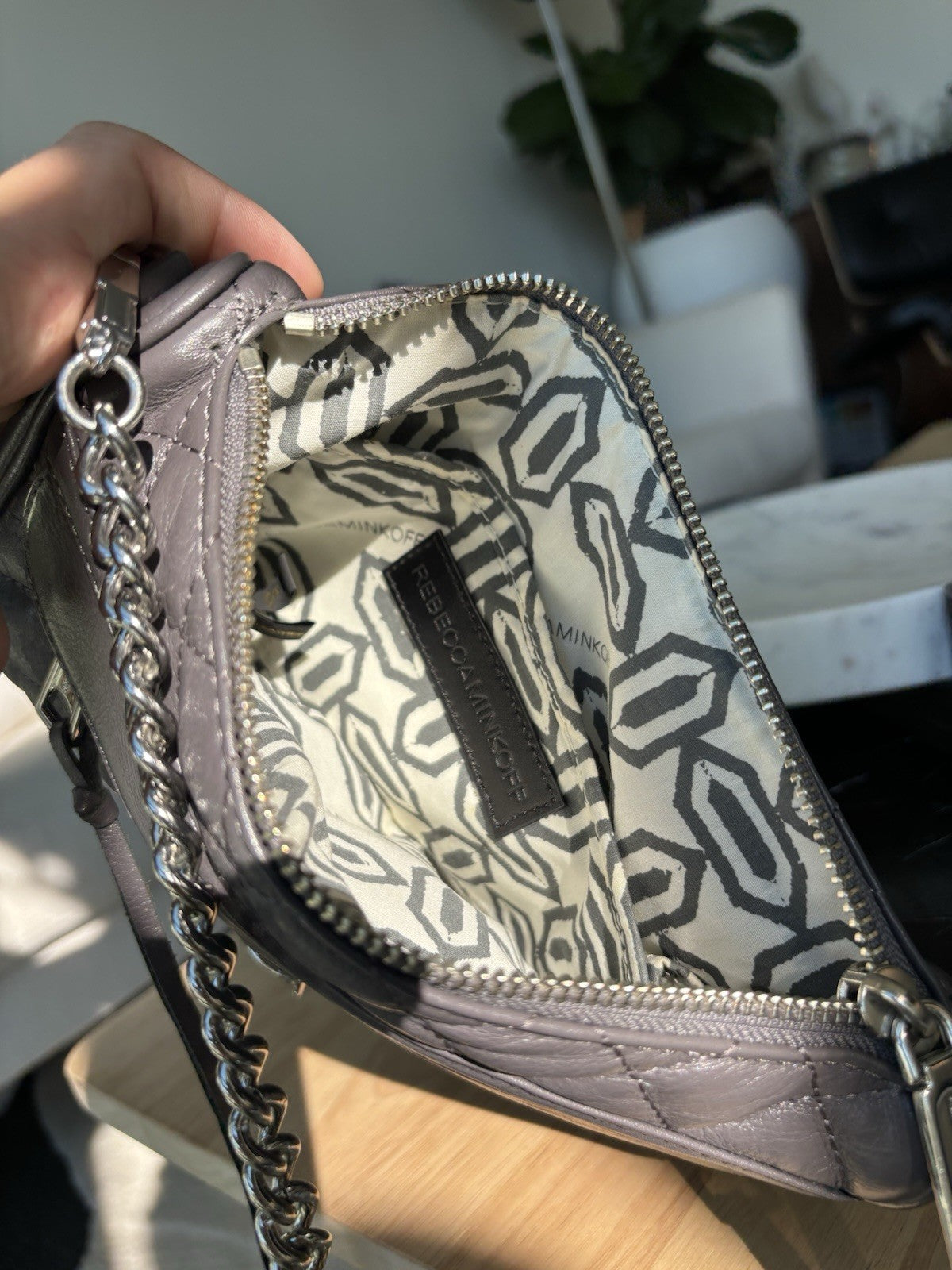 REBECCA MINKOFF Mini MAC Gray Quilted Leather Zip Crossbody Bag Chain (org $430)