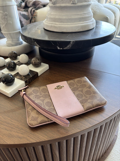 Designer COACH Zip Wristlet Signature Khaki/Tan Canvas Blush Pink Leather Stripe