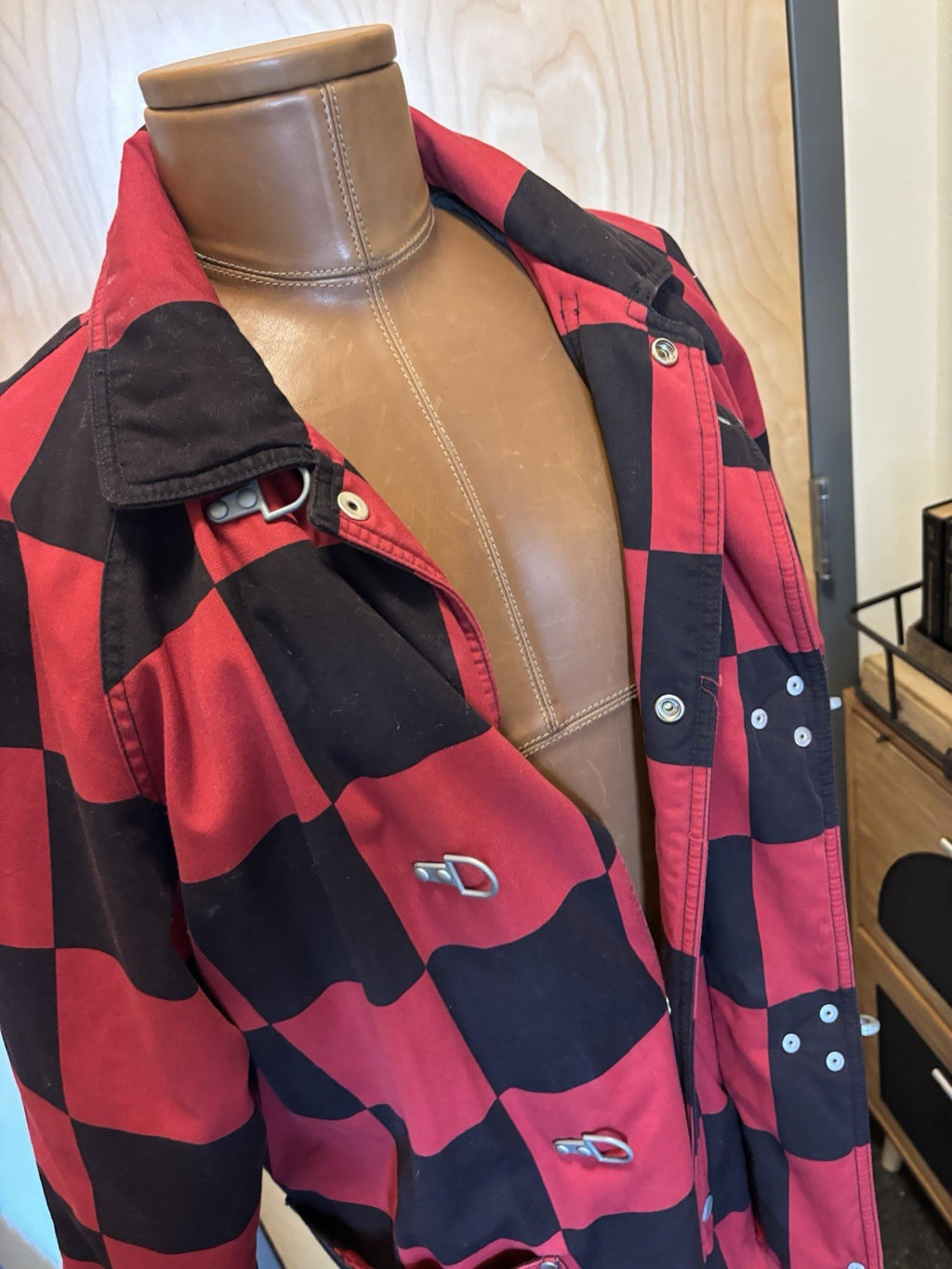 ESPRIT 1990’s Vintage Red/Black Checkered Toggle Coat Jacket 100% Cotton Medium