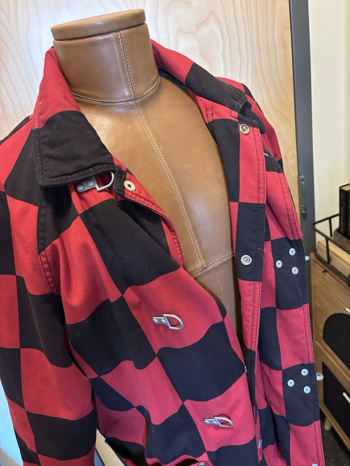 ESPRIT 1990’s Vintage Red/Black Checkered Toggle Coat Jacket 100% Cotton Medium