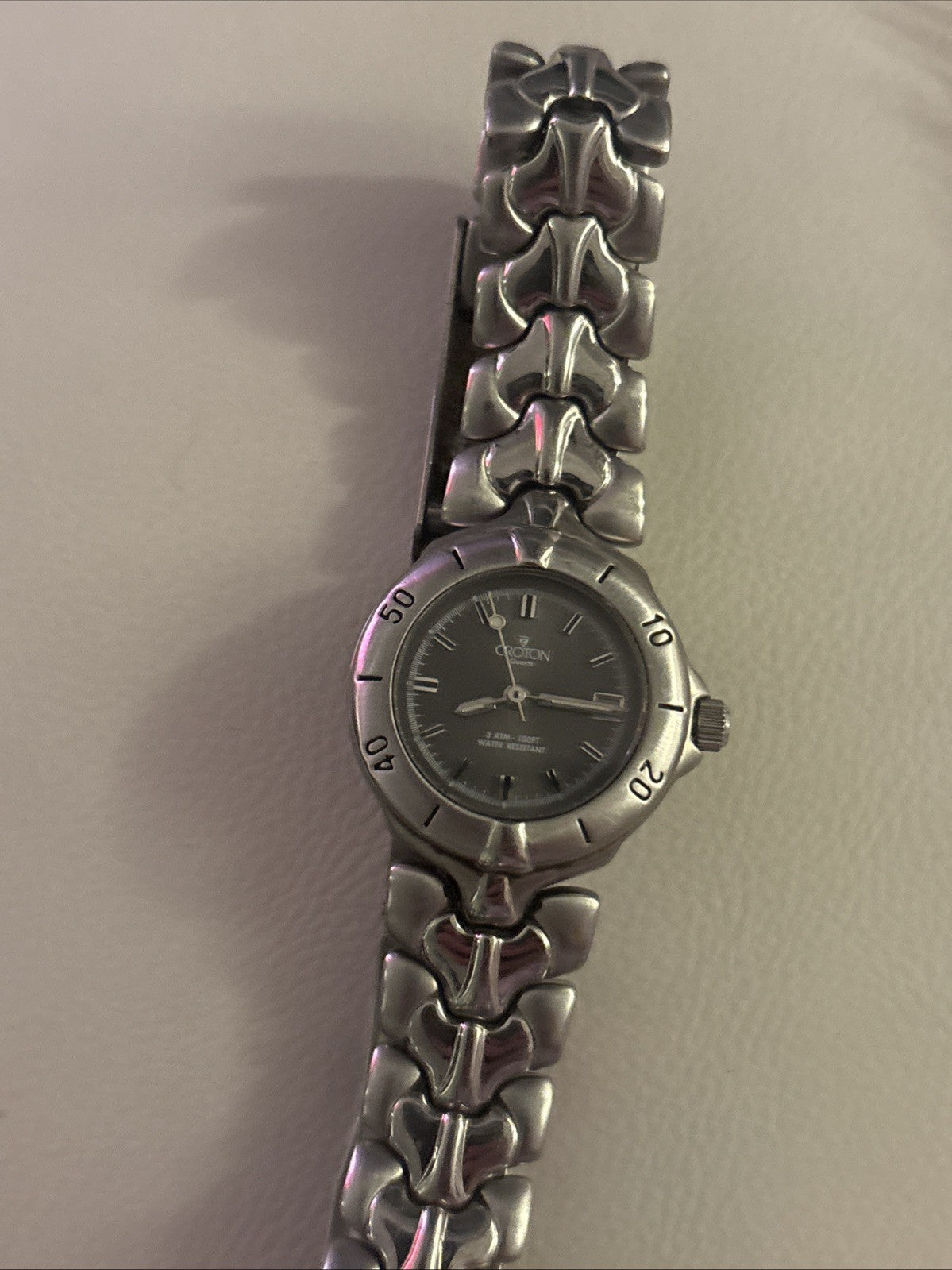 VINTAGE Croton Diamond Accent Quartz Watch Gunmetal Dial 36mm Sculpted Bracelet