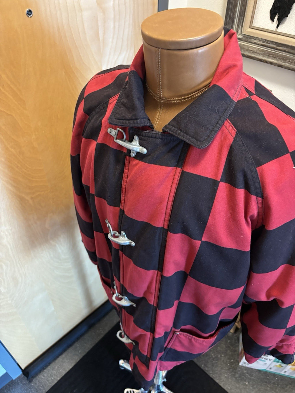 ESPRIT 1990’s Vintage Red/Black Checkered Toggle Coat Jacket 100% Cotton Medium