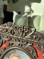 1951 VINTAGE Italian Portrait Frames Set of 2 Brass Filigree & Red Velvet 5x8”