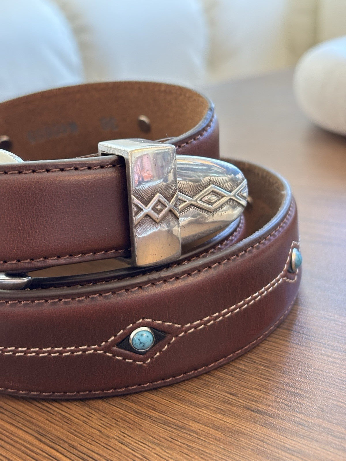 Genuine Turquoise BRIGHTON Cody Taper Brown Leather Belt Size 30/32 Silver Plate