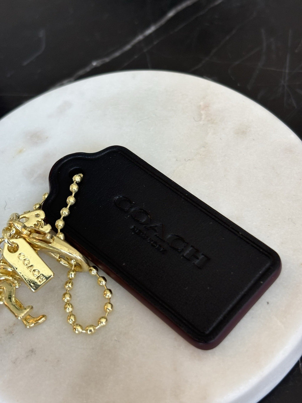 COACH New York Designer REXY Hang Tag Dino Bag Charm Fob Chain Gold/Black/Maroon