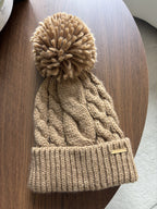 MICHAEL KORS Designer Cable Knit Beanie Hat Pom-Pom Tan Brown Gold Logo(org $98)