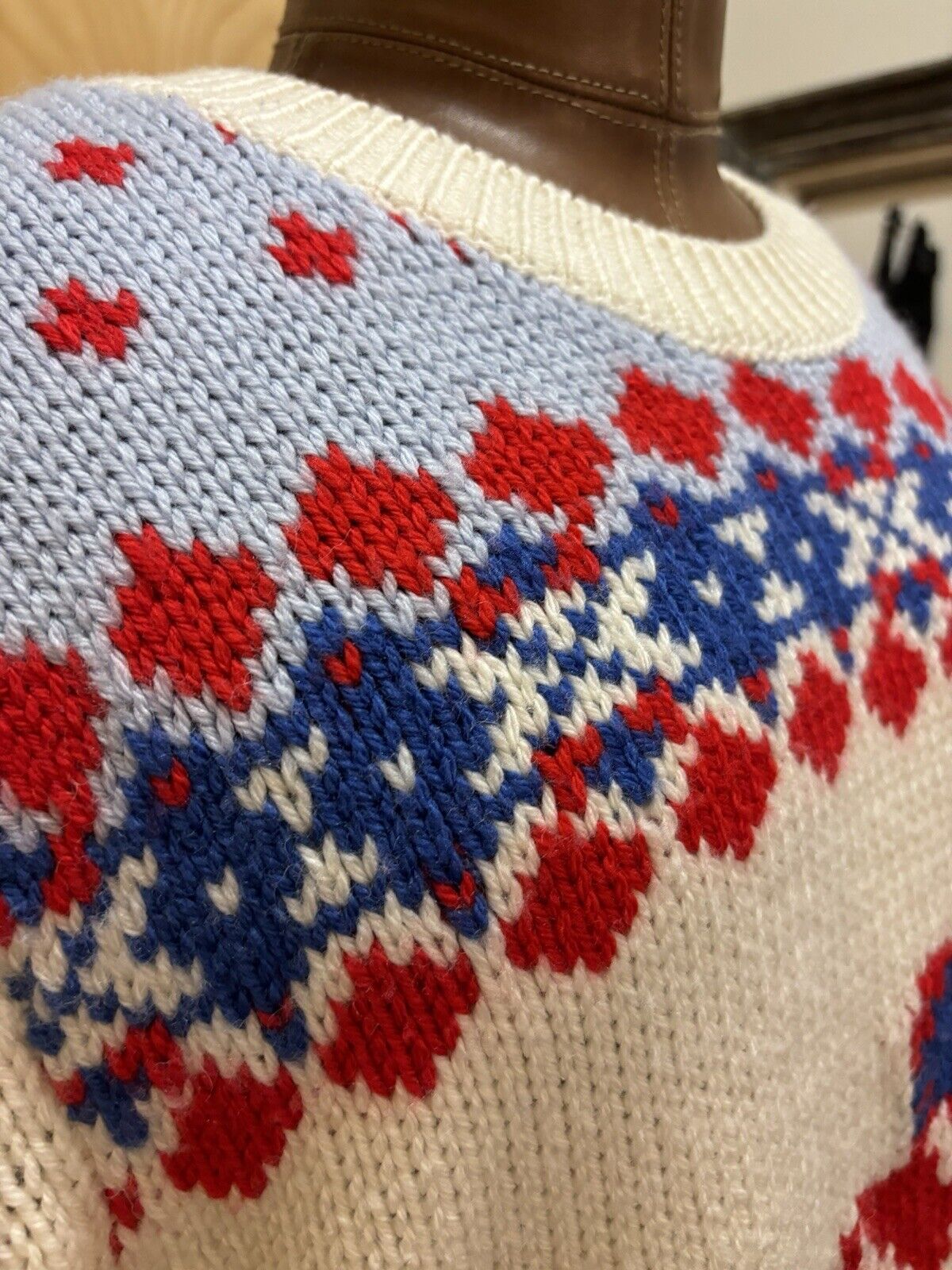 Winter COACH Ski Fair Isle Real Wool Sweater | Hand Knit | Red White Blue ($595)