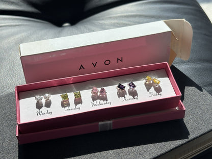 NWT AVON Days of the Week Cubic Zirconia Earrings Pink Purple Green Real Stones