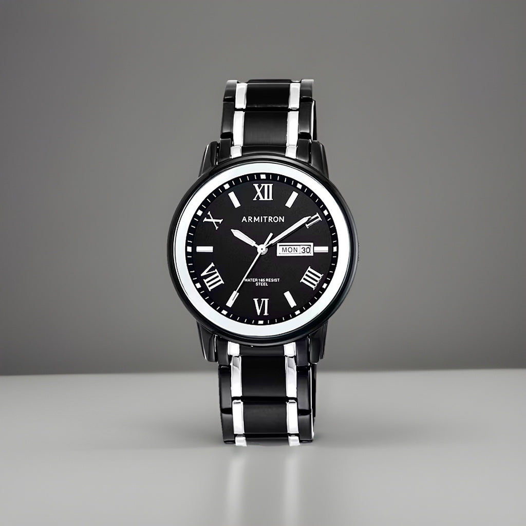 ARMITRON Quartz Men Watch WR50m Day/Date Two Tone Black Silver 41mm NWT(org $75)