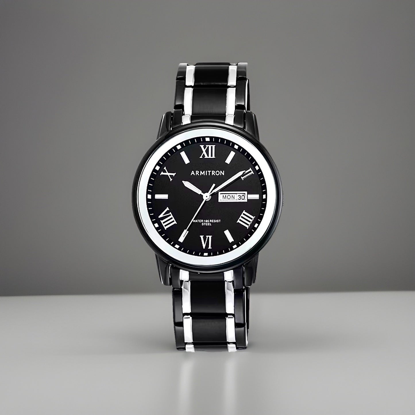 ARMITRON Quartz Men Watch WR50m Day/Date Two Tone Black Silver 41mm NWT(org $75)