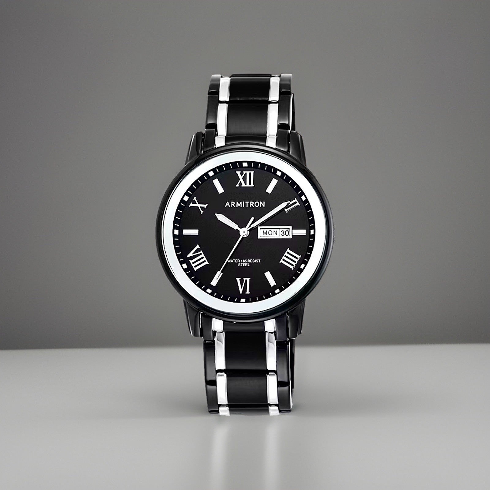 ARMITRON Quartz Men Watch WR50m Day/Date Two Tone Black Silver 41mm NWT(org $75)