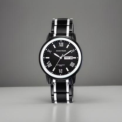 ARMITRON Quartz Men Watch WR50m Day/Date Two Tone Black Silver 41mm NWT(org $75)