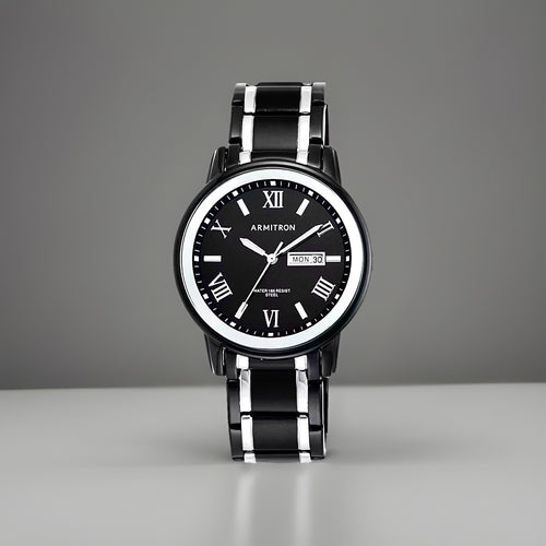 ARMITRON Quartz Men Watch WR50m Day/Date Two Tone Black Silver 41mm NWT(org $75)