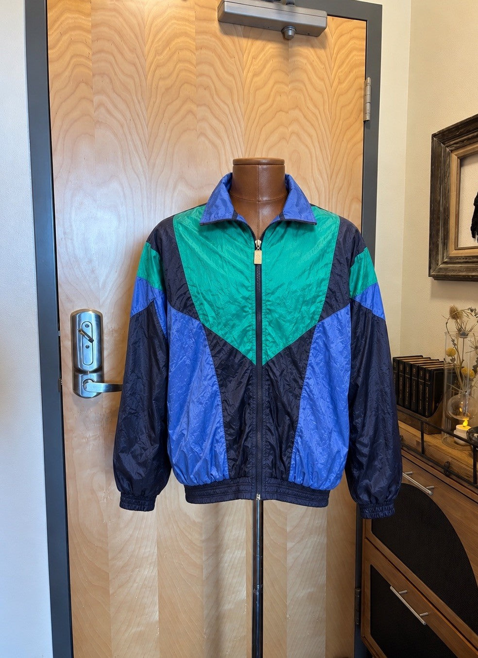 VINTAGE 1991 VISOR Brand Windbreaker Zip Jacket Blue/Green Retro Geometric Large