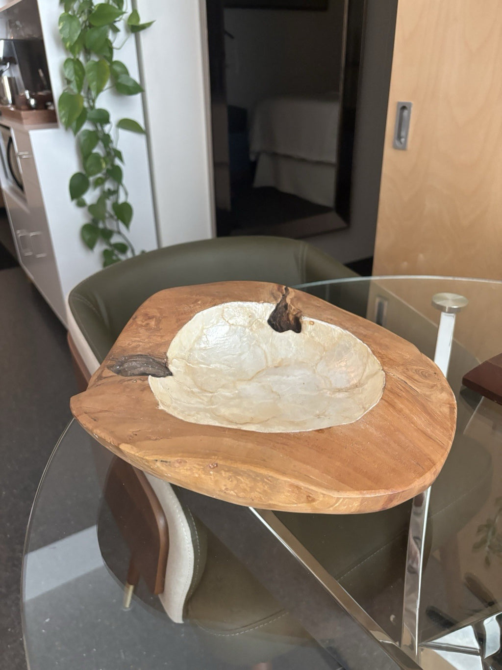 VINTAGE Live Edge Wood Bowl White Mother of Pearl Inlay Rustic Centerpiece 12x11