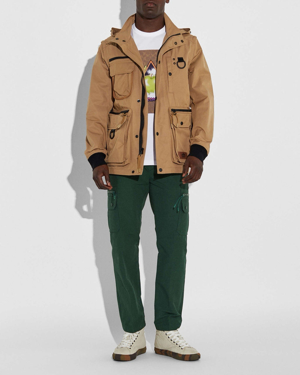 COACH Utility Jacket Khaki Tan Hooded Field Coat Leather Trim Pocket (org $695)