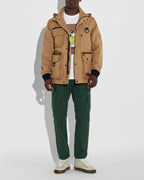COACH Utility Jacket Khaki Tan Hooded Field Coat Leather Trim Pocket (org $695)