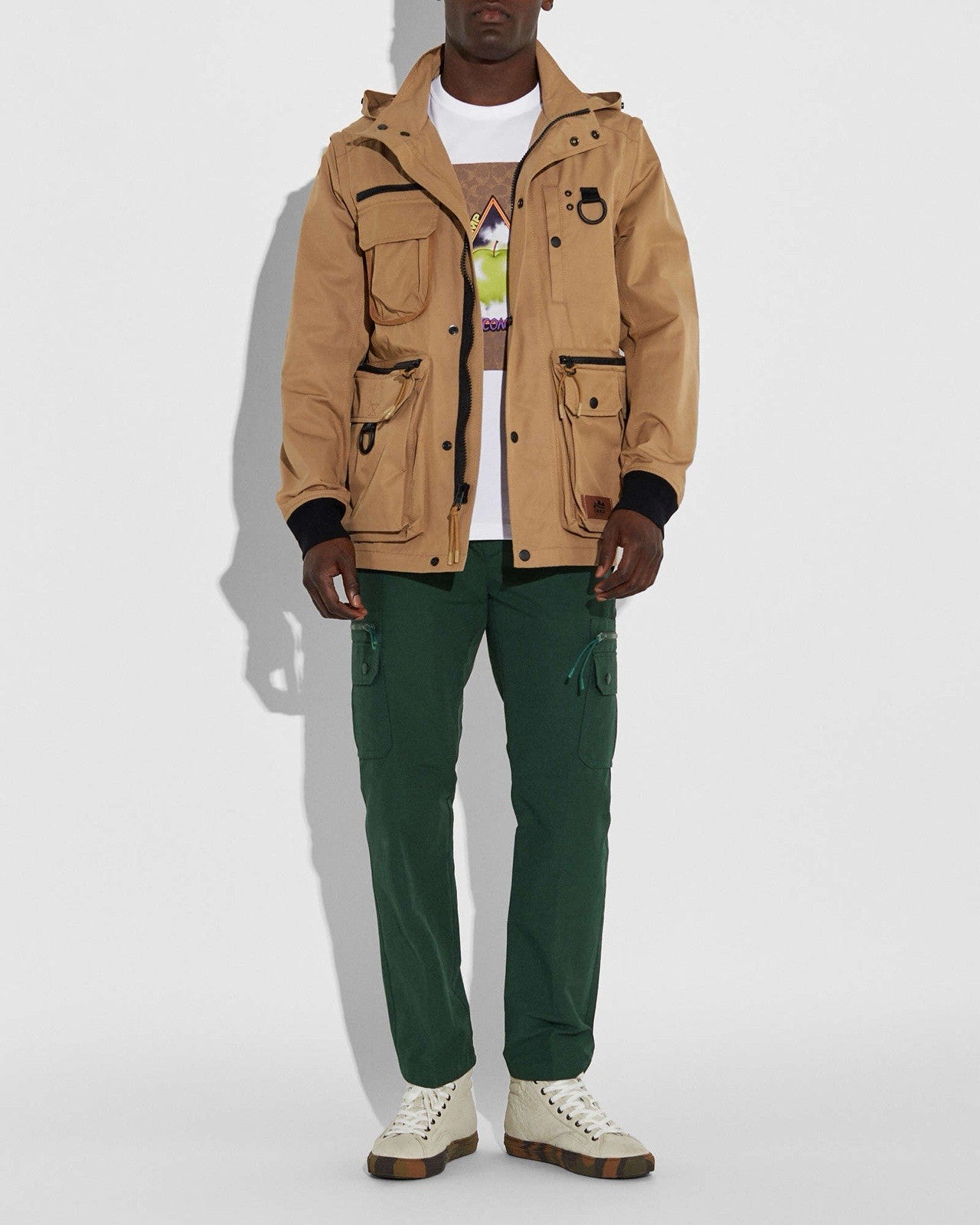 COACH Utility Jacket Khaki Tan Hooded Field Coat Leather Trim Pocket (org $695)