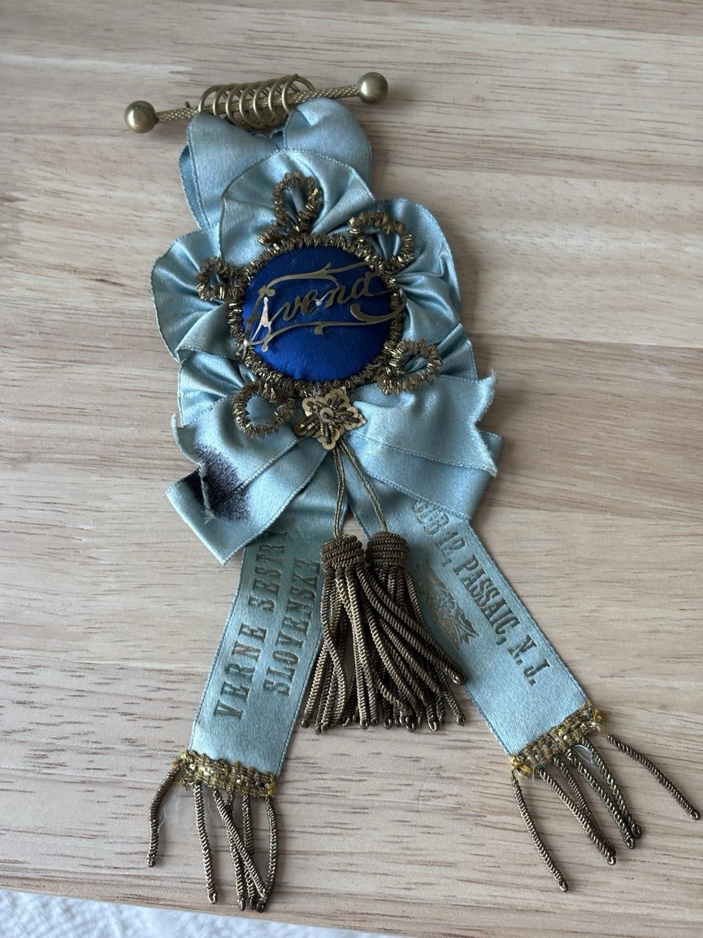 1893 ANTIQUE Slovak Sisters Branch 12 Passaic NJ Blue Ribbon Rosette Prize Badge