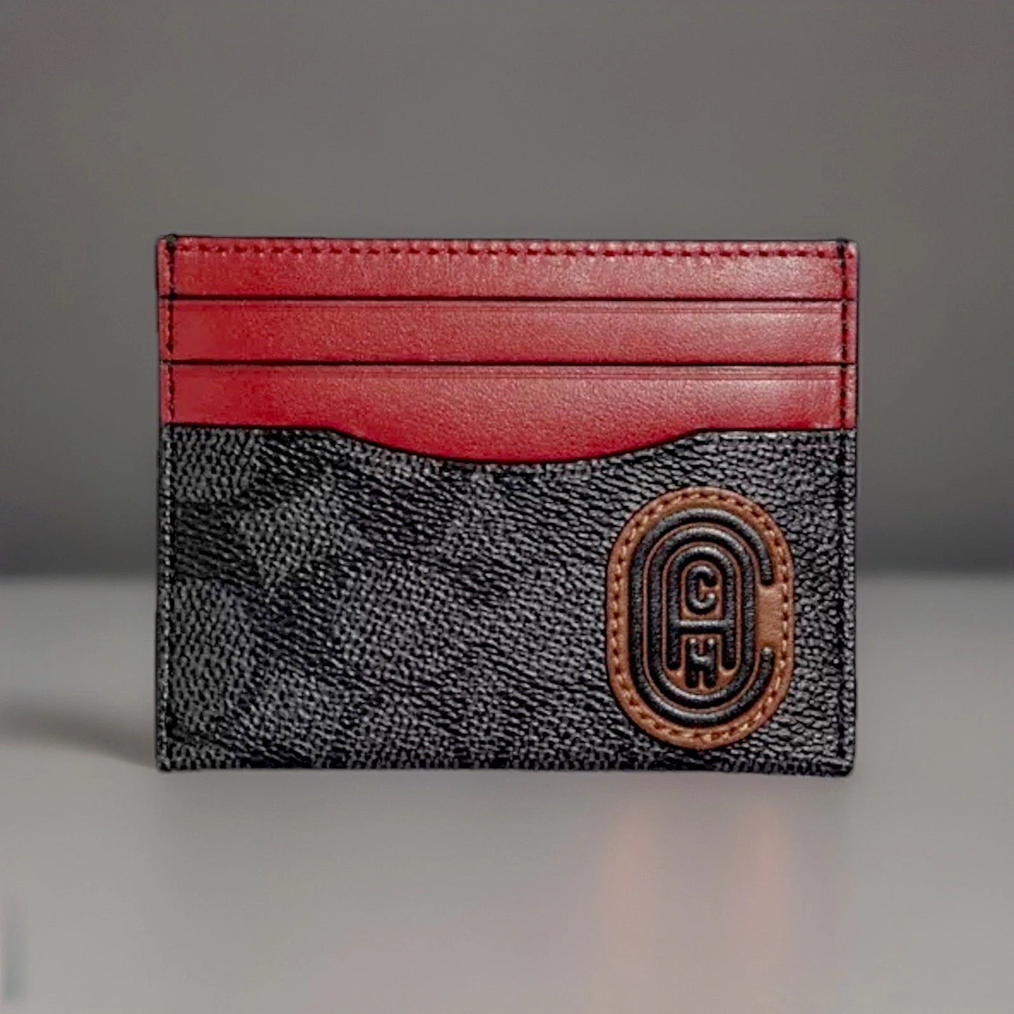 COACH ID Card Case Charcoal Red Signature Wallet Credit/Business Card Holder