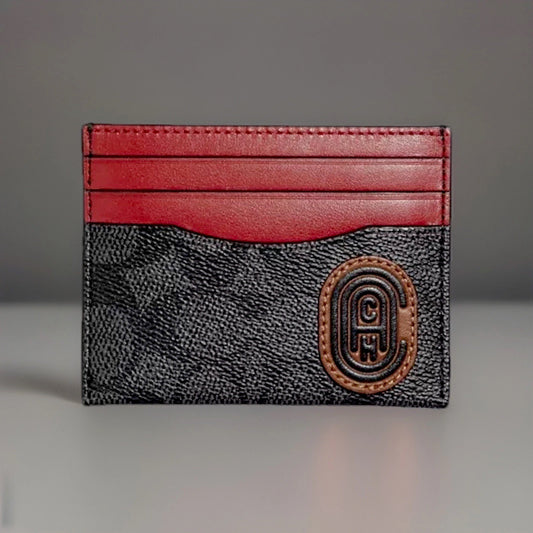 COACH ID Card Case Charcoal Red Signature Wallet Credit/Business Card Holder