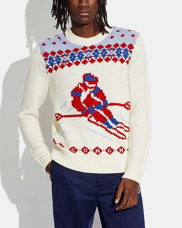 Winter COACH Ski Fair Isle Real Wool Sweater | Hand Knit | Red White Blue ($595)