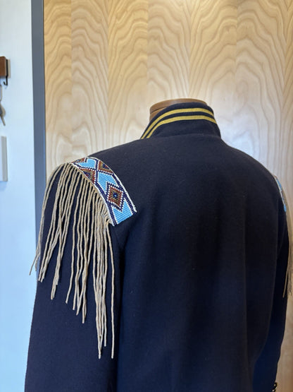 Double D Ranch VINTAGE Wool Jacket Military Beaded NavyBlue Varsity Stripe Small