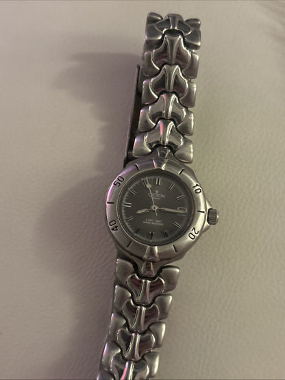 VINTAGE Croton Diamond Accent Quartz Watch Gunmetal Dial 36mm Sculpted Bracelet
