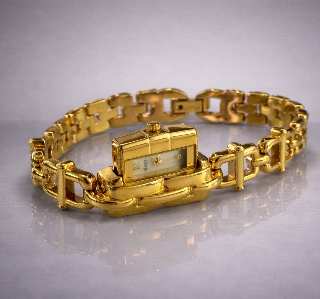 GRUEN Vintage Gold Tone Peekaboo Hidden Face Pearl Dial Slide Out Bracelet Watch