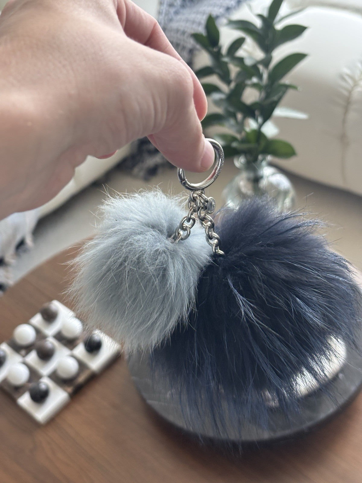 MICHAEL KORS Real Fox Fur Pom Poms Sister 2 Bag Charm Keychain Navy Slate Blue
