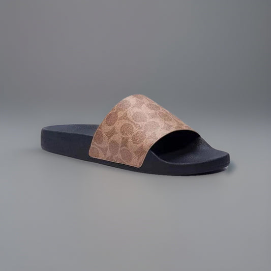 COACH Designer Sport Slide Signature “C” Pool Black/Tan Women Size 6 (org $195)