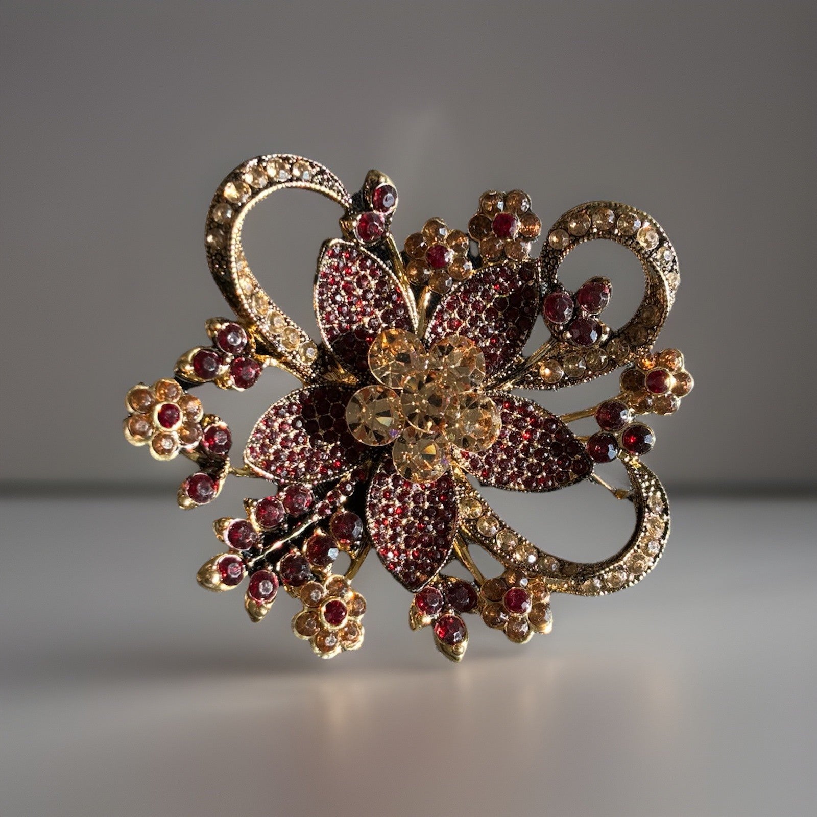 AVON Brooch Pin Ruby Red /Amber Rhinestones Gold 35 Year Anniversary 3” New