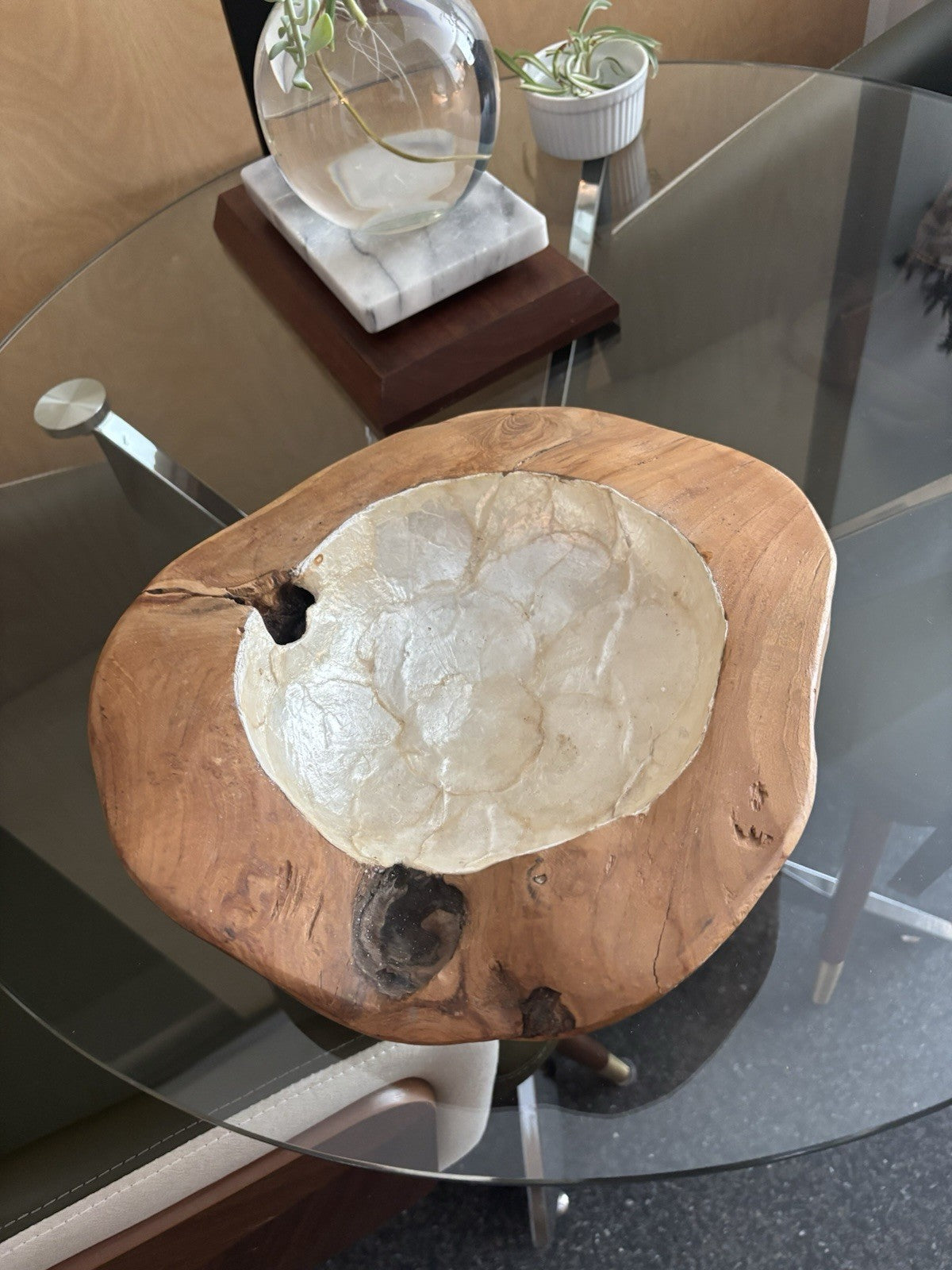 VINTAGE Live Edge Wood Bowl White Mother of Pearl Inlay Rustic Centerpiece 12x11