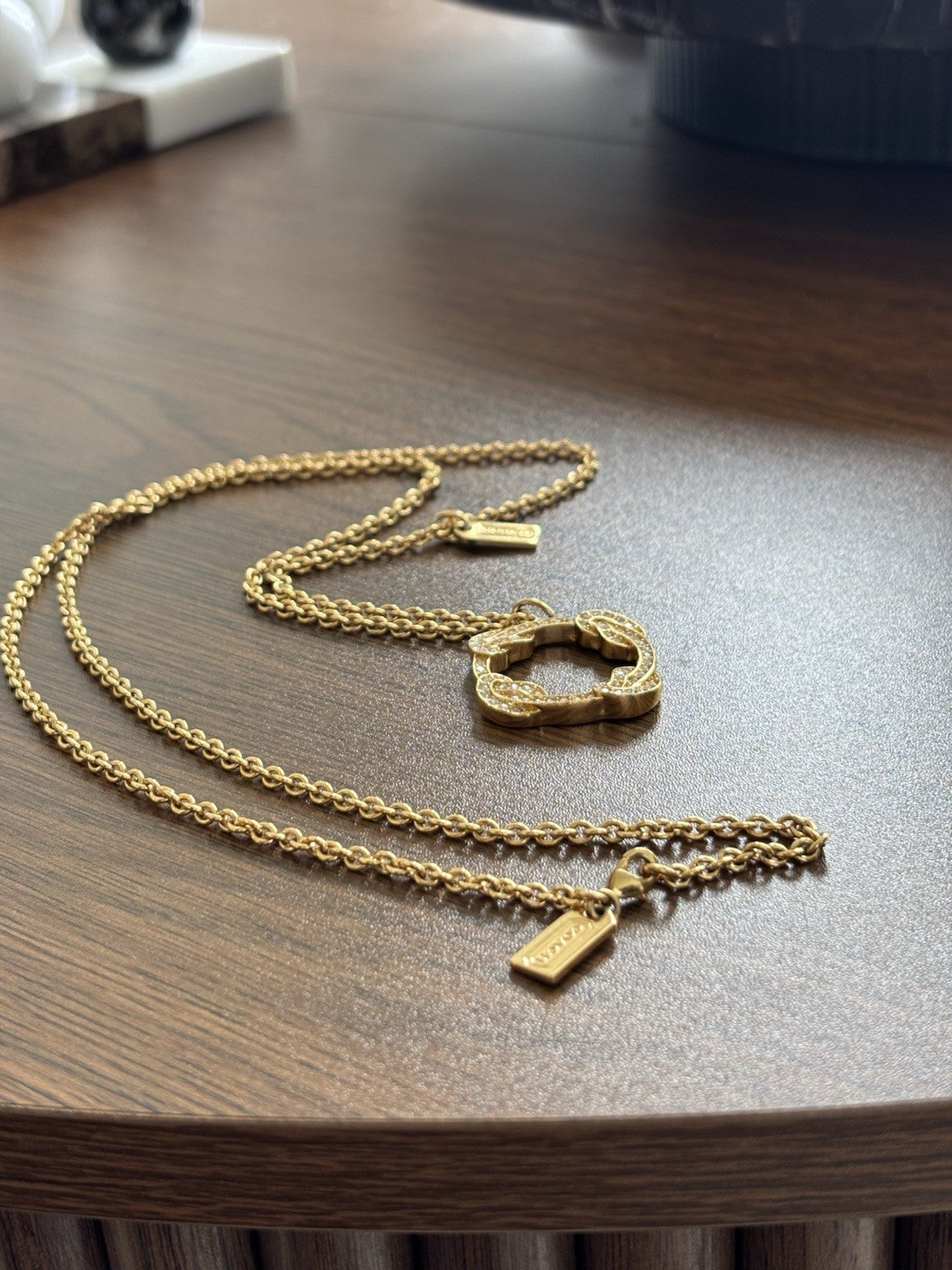 Cute Vintage COACH Gold Plated Pave Crystal Infinity Knot Pendant Necklace Long