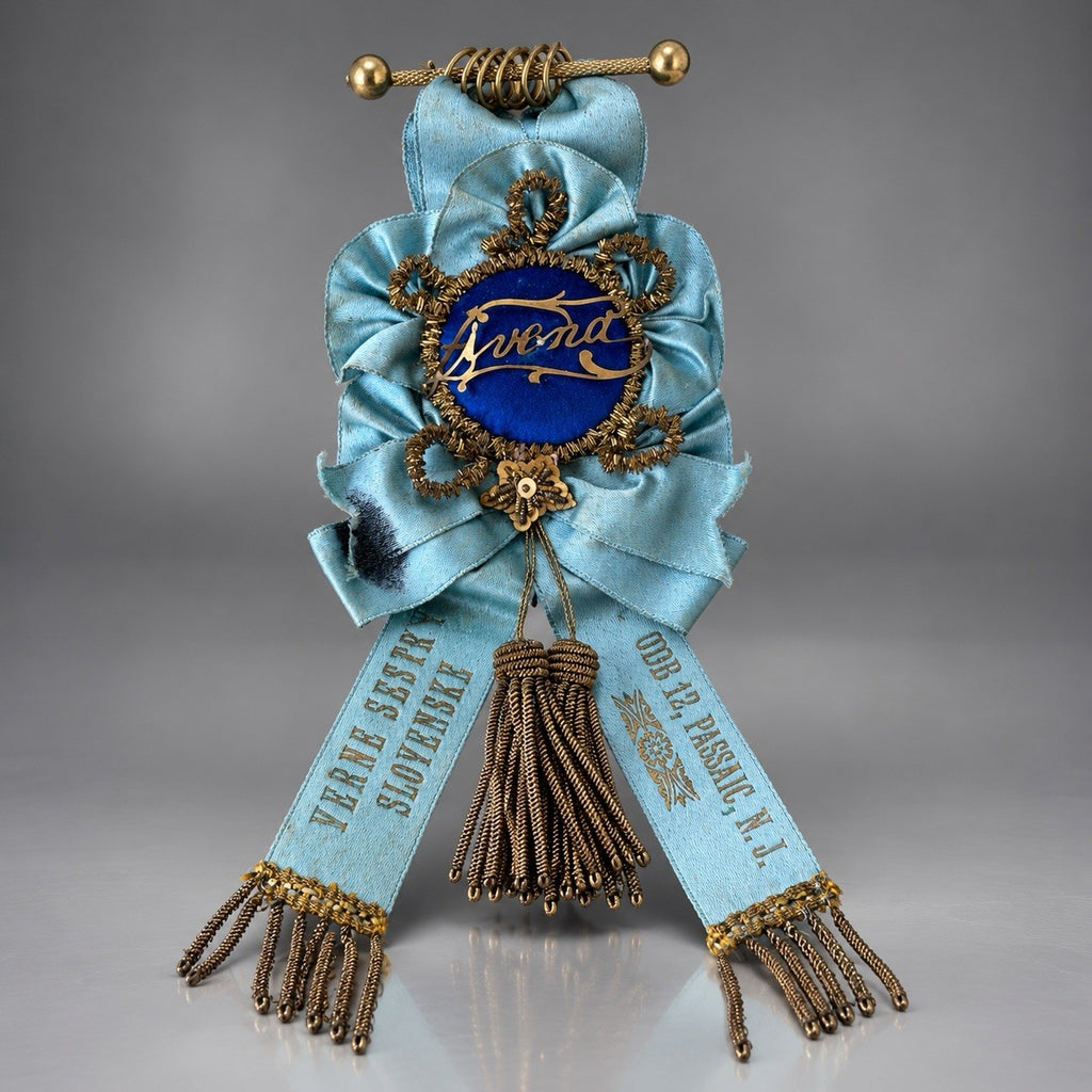 1893 ANTIQUE Slovak Sisters Branch 12 Passaic NJ Blue Ribbon Rosette Prize Badge