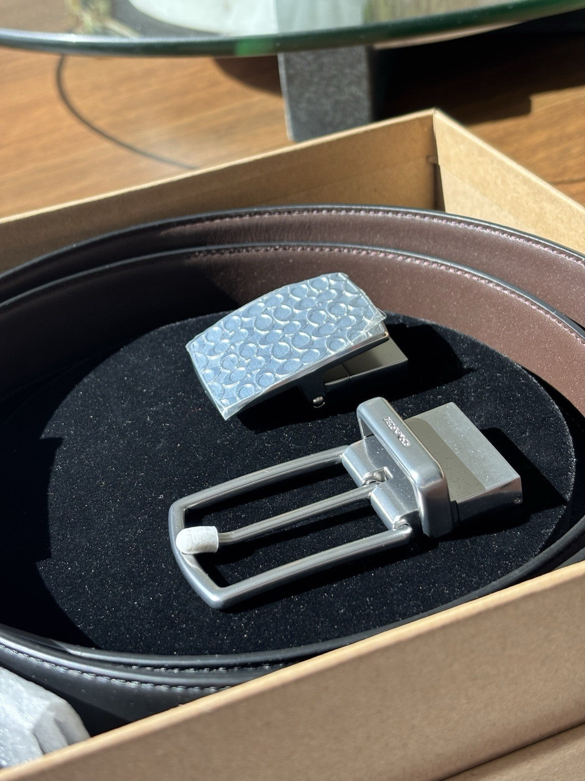 COACH Reversible Cowhide Leather Belt Brown/Black Two Buckles Box Set (org $198)