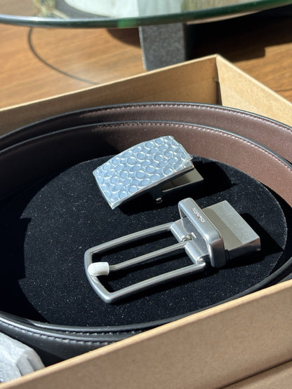 COACH Reversible Cowhide Leather Belt Brown/Black Two Buckles Box Set (org $198)