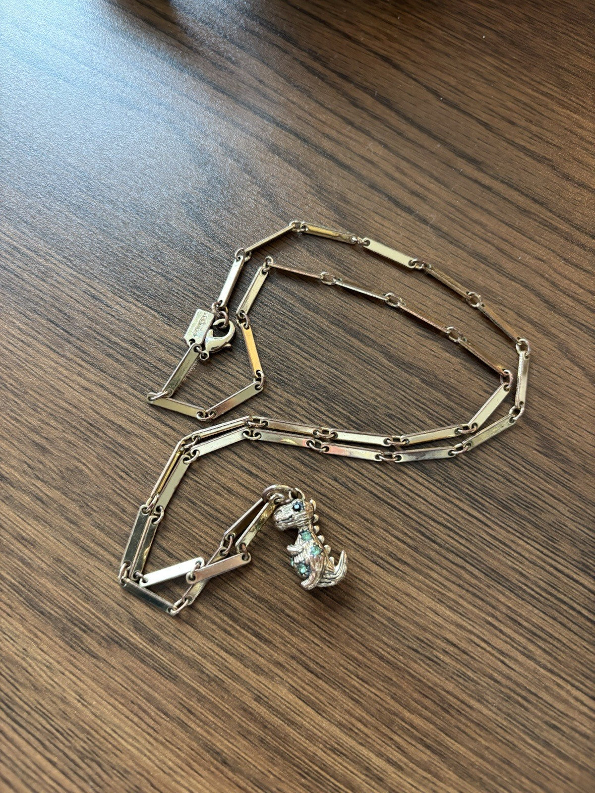 COACH Rare Rexy Dinosaur Pendant Necklace Gold Tone Crystal Bar Chain (org $150)